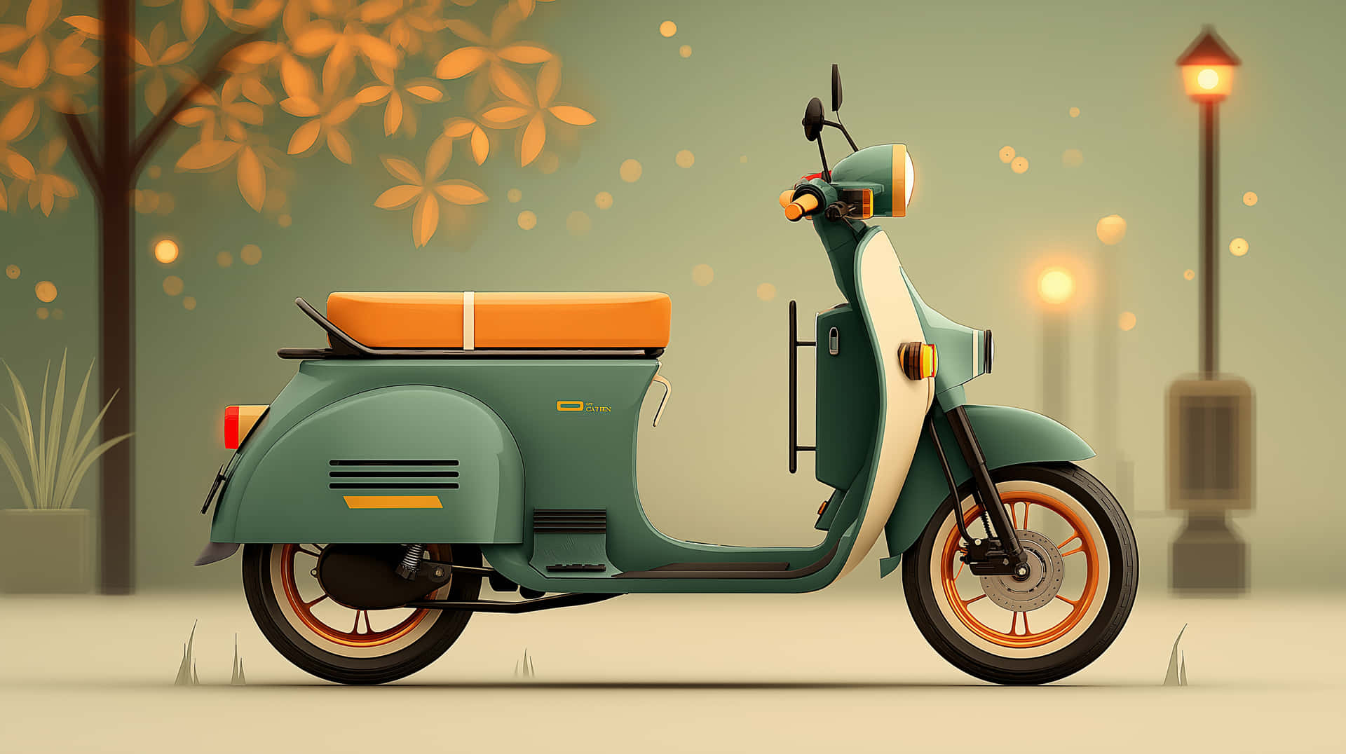 Vintage-Style Scooter Parked in a City Park at Twilight 壁紙 — 一輛青綠色復古機車，配橙色座椅和輪圈，停放在閃爍的路燈和秋樹下。