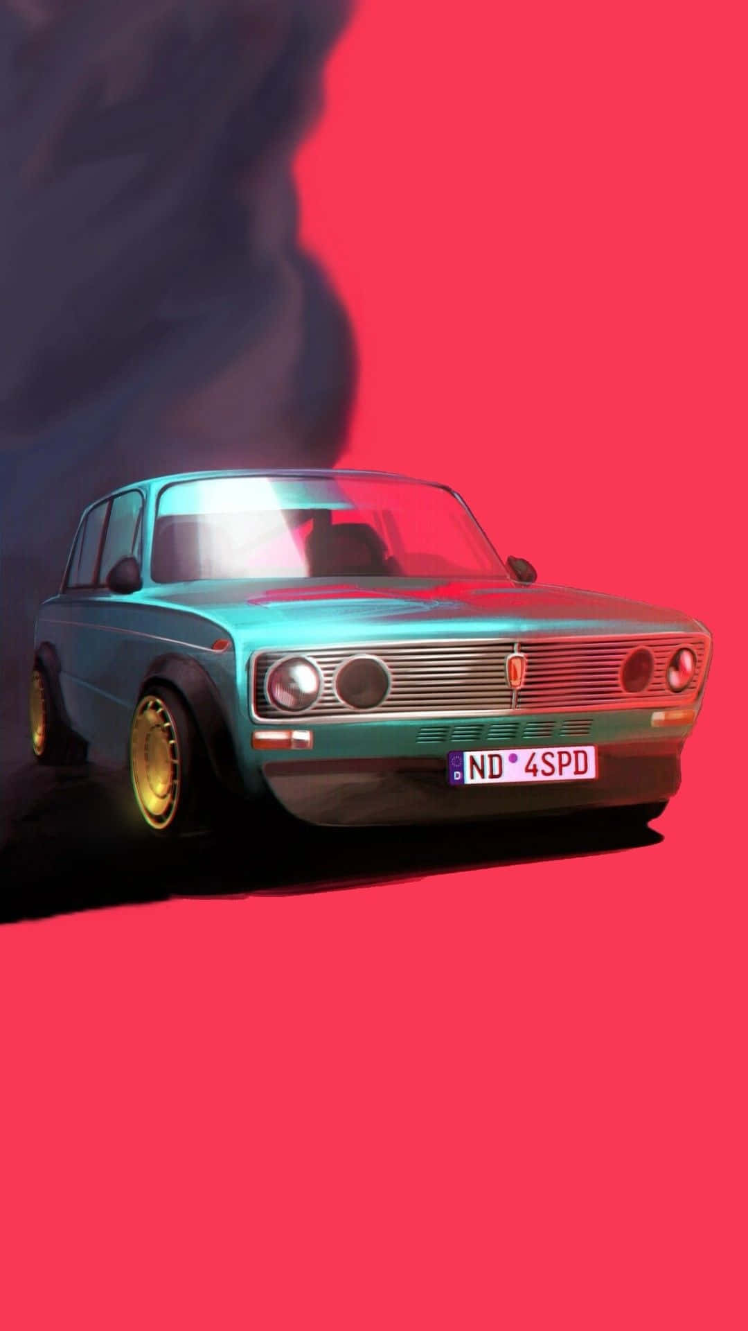Jdm Art 桌布 壁紙 — 一輛青綠色復古車配金色輪圈，在紅黑分割背景上飄移。
