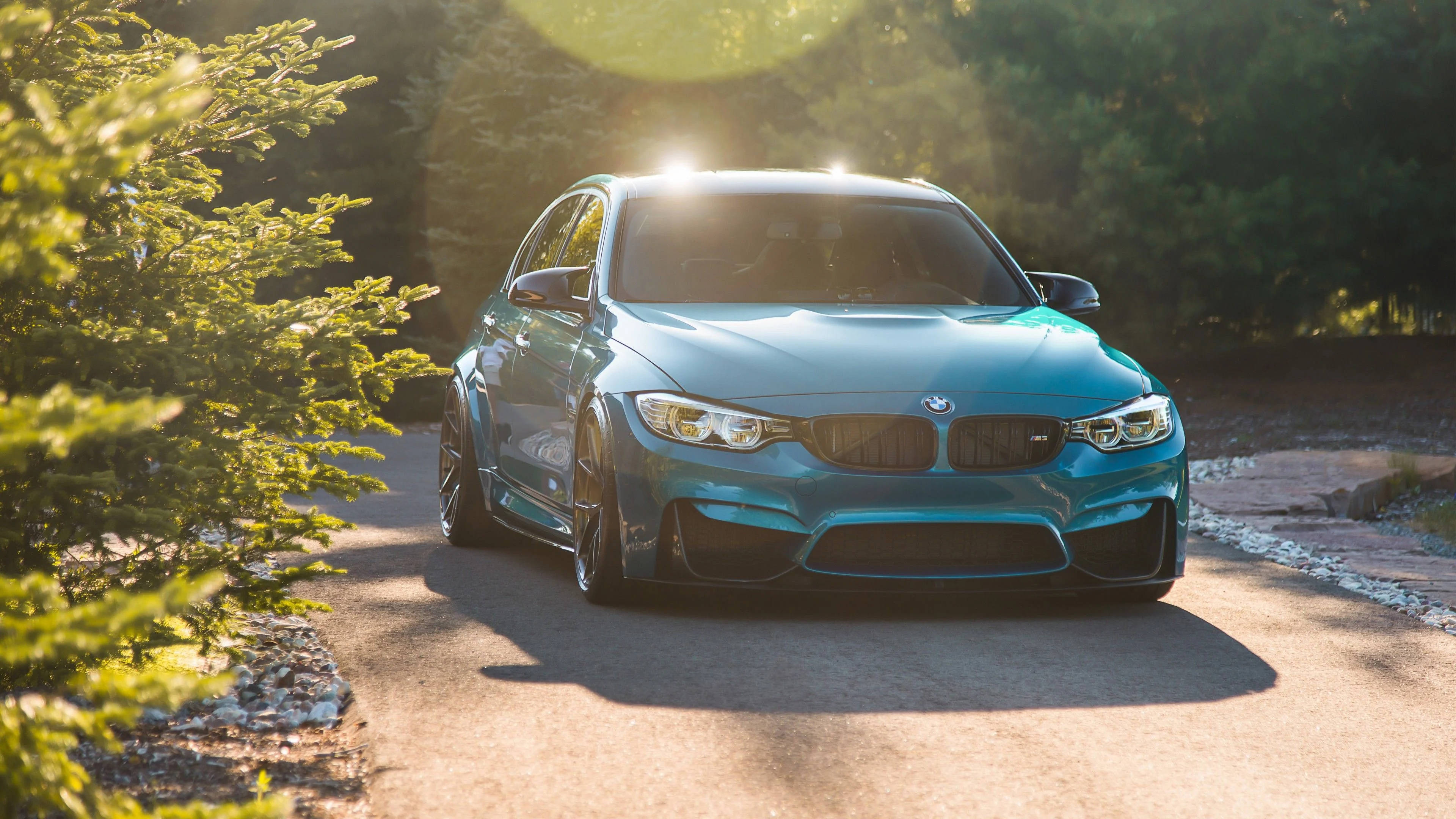 4K BMW 壁紙 桌布 壁紙 — 一輛青綠色的BMW M3跑車在陽光的照耀下，於林蔭大道上閃閃發光，帶有鏡頭光暈。