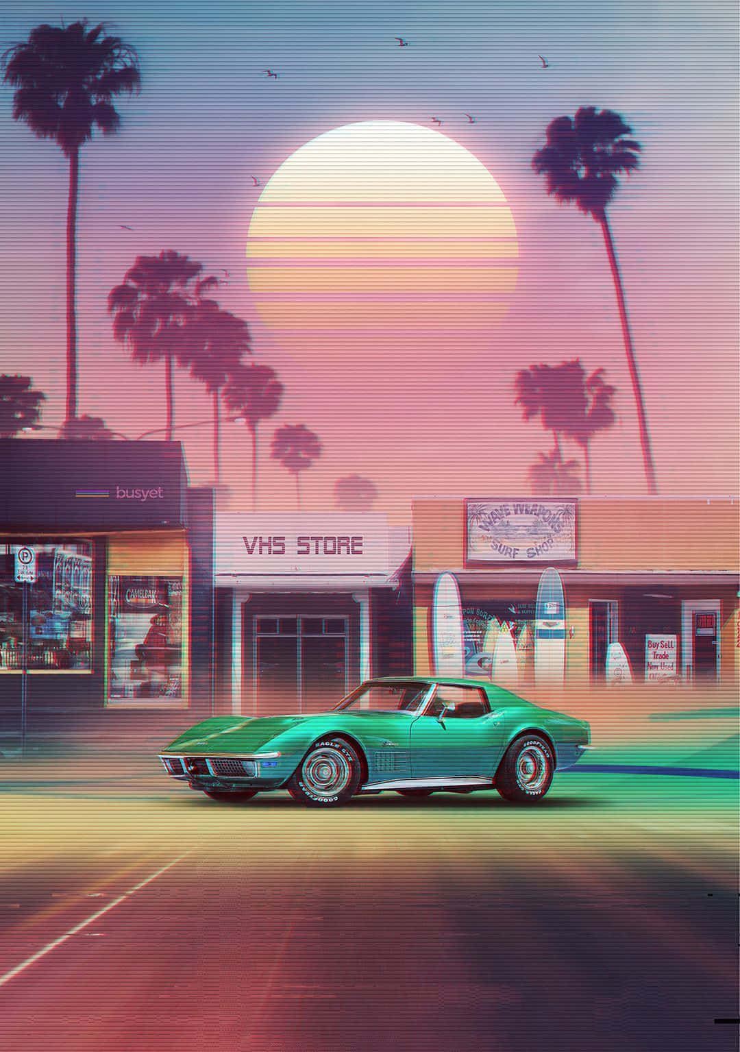 Aesthetic Retro 桌布 壁紙 — 一輛青綠色經典肌肉車駛過一間VHS商店，背景是巨大的日落、棕櫚樹和鳥類，構成復古未來主義的街景。