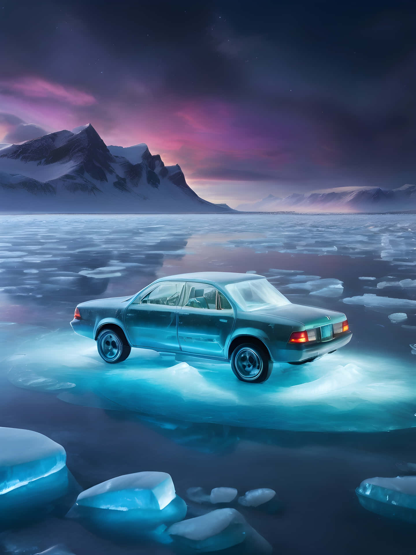 Car driving on frozen ice with mountains at dusk 壁紙 — 一輛青綠色轎車在冰凍的湖面上發光，背景是紫色的極光和遠處的雪山。