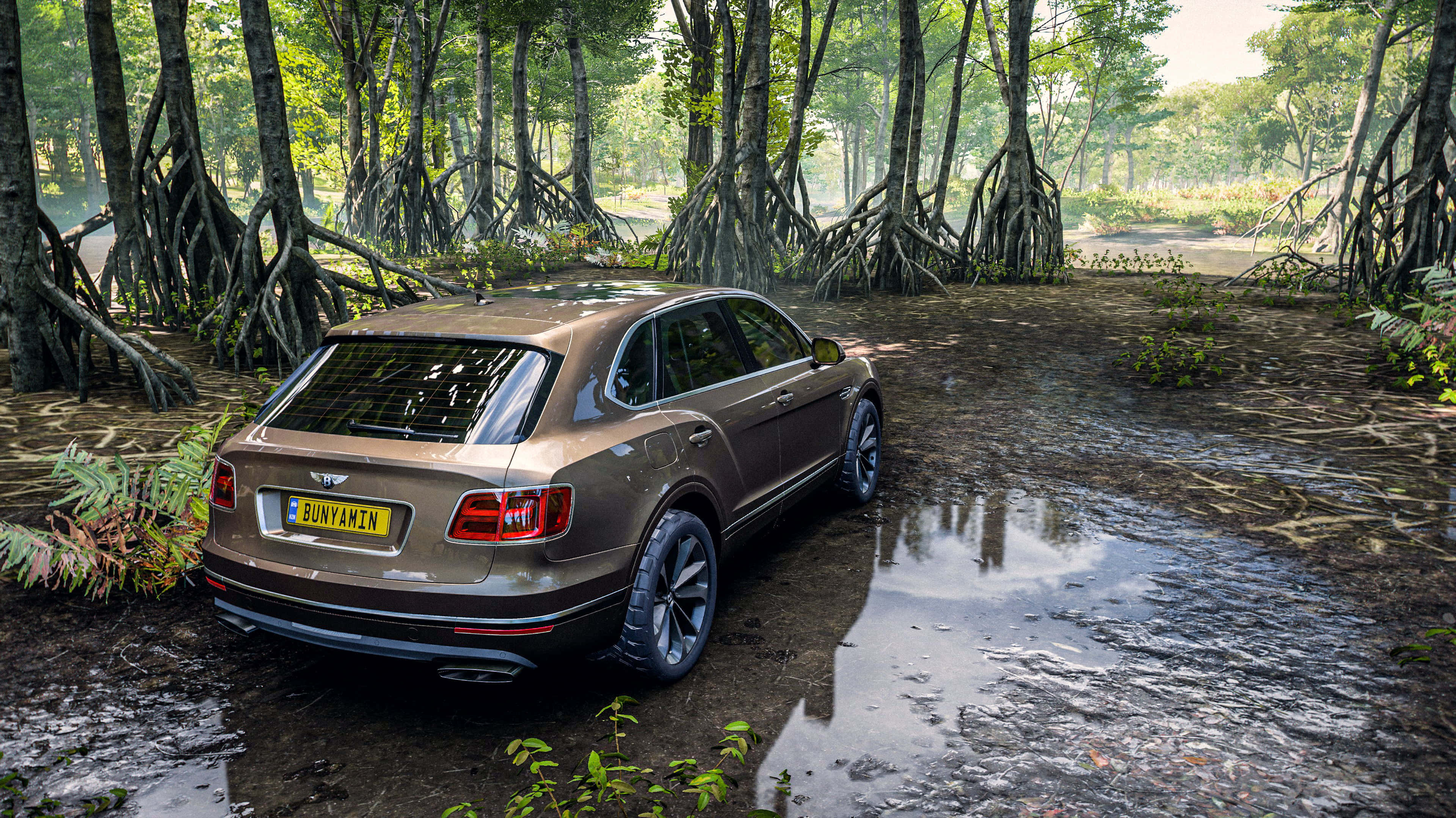 Forza Horizon 5 4K 桌布 壁紙 — 一輛青銅色的賓利 Bentayga SUV 停泊在泥濘的林間空地，樹根裸露，陽光斑駁。