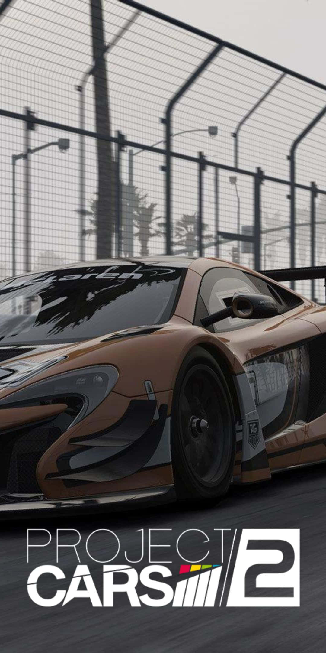 Pixel 3 Project Cars 2 桌布 壁紙 — 一輛青銅色賽車在潮濕的賽道上飛馳，背景有棕櫚樹和安全護欄，霧氣瀰漫。