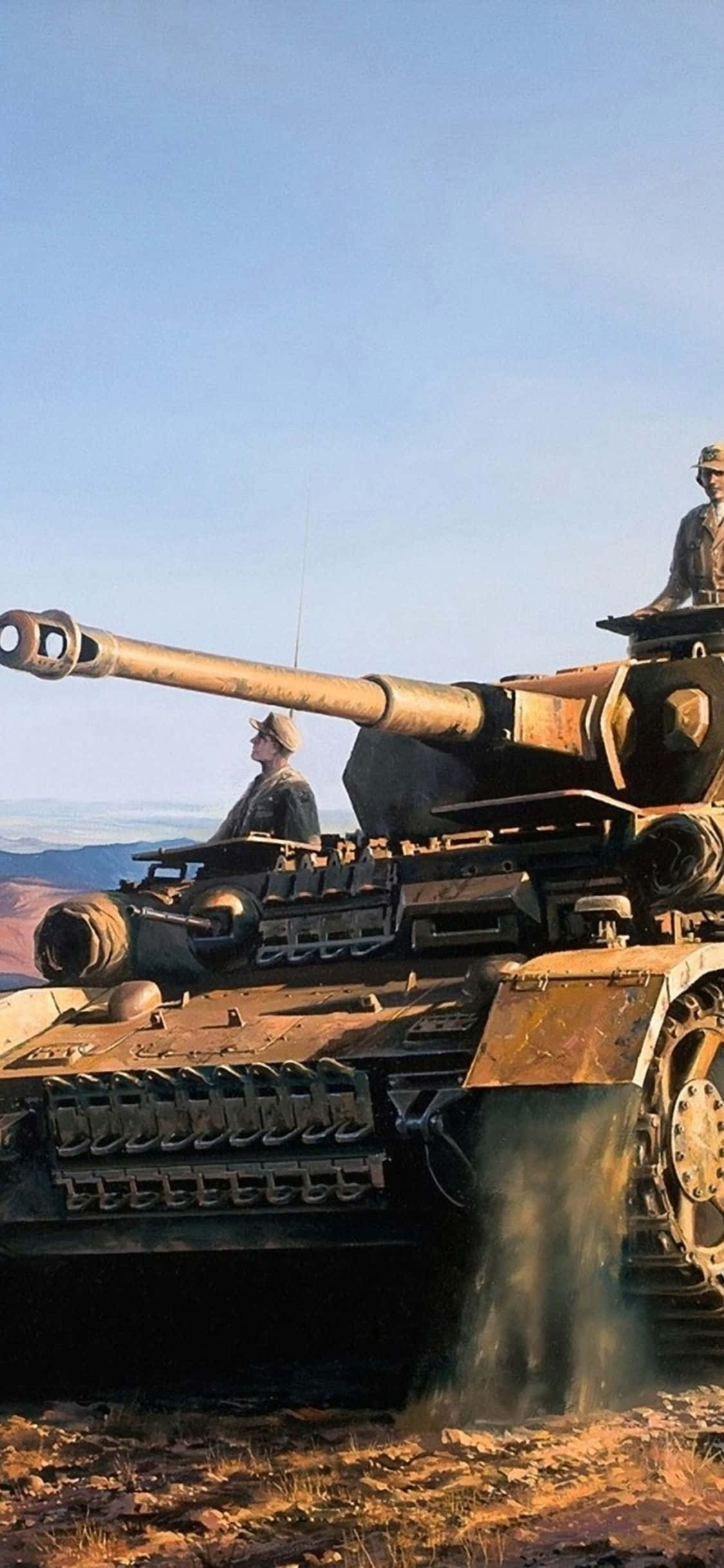 iPhone Xs Tanks 桌布 壁紙 — 一輛風化的坦克與士兵站在乾旱地形上，在清澈的藍天下，灰塵從其履帶上升起。