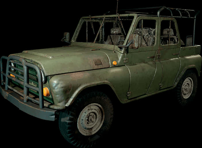 Vehicle 桌布 壁紙 — 一輛風化的橄欖綠色軍用吉普車，帶有生鏽的車身面板和金屬車頂行李架，孤立地立在黑色背景前。