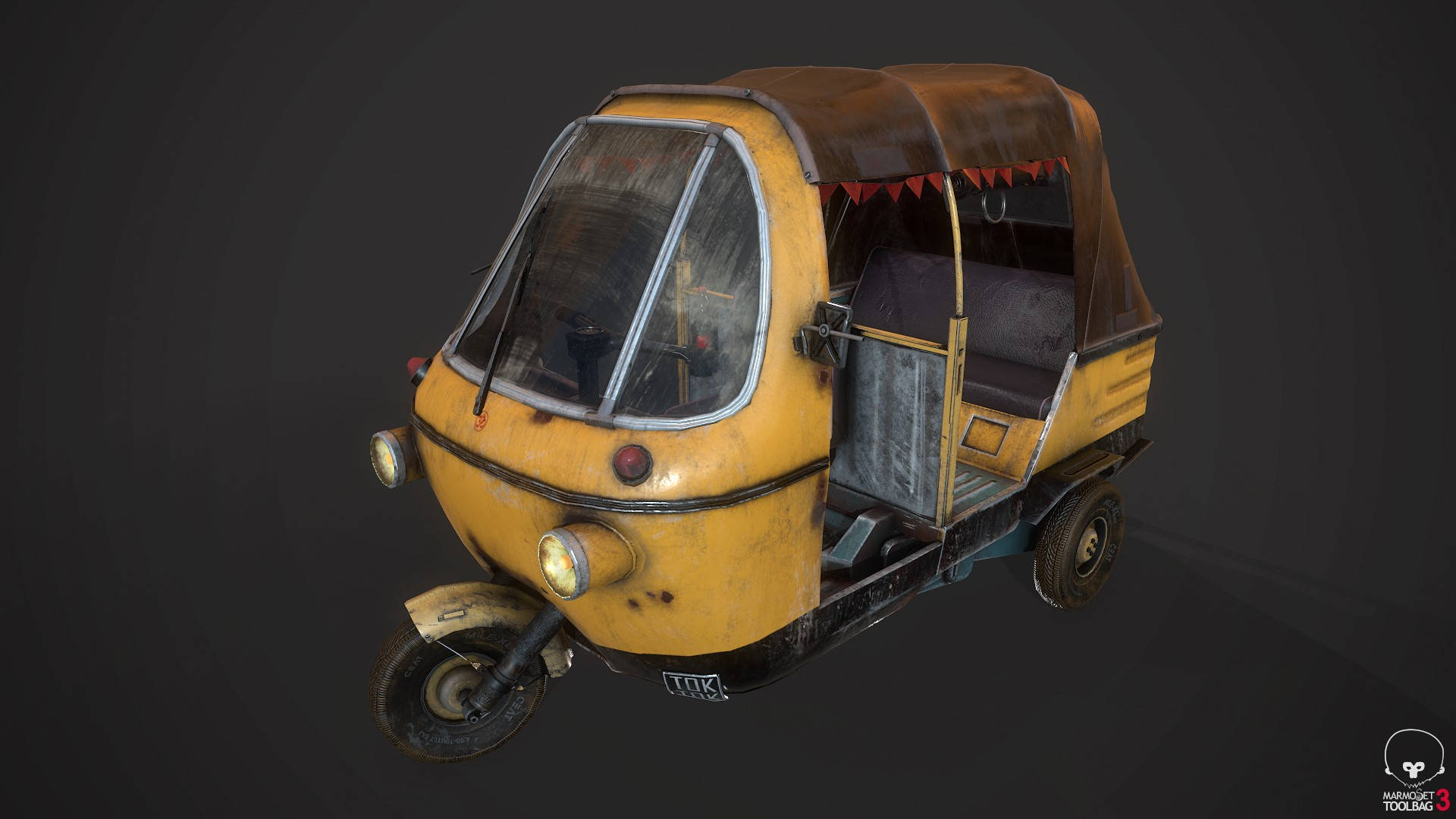 pubg mobile 桌布 壁紙 — 一輛風化的黃色自動三輪車，帶有棕色車篷和明顯的磨損，站在深灰色的工作室背景前。
