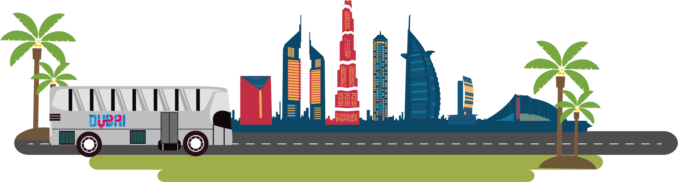 杜拜 桌布 壁紙 — 一輛風格化的杜拜巴士在黑暗的天空下行經標誌性的摩天大樓和棕櫚樹。