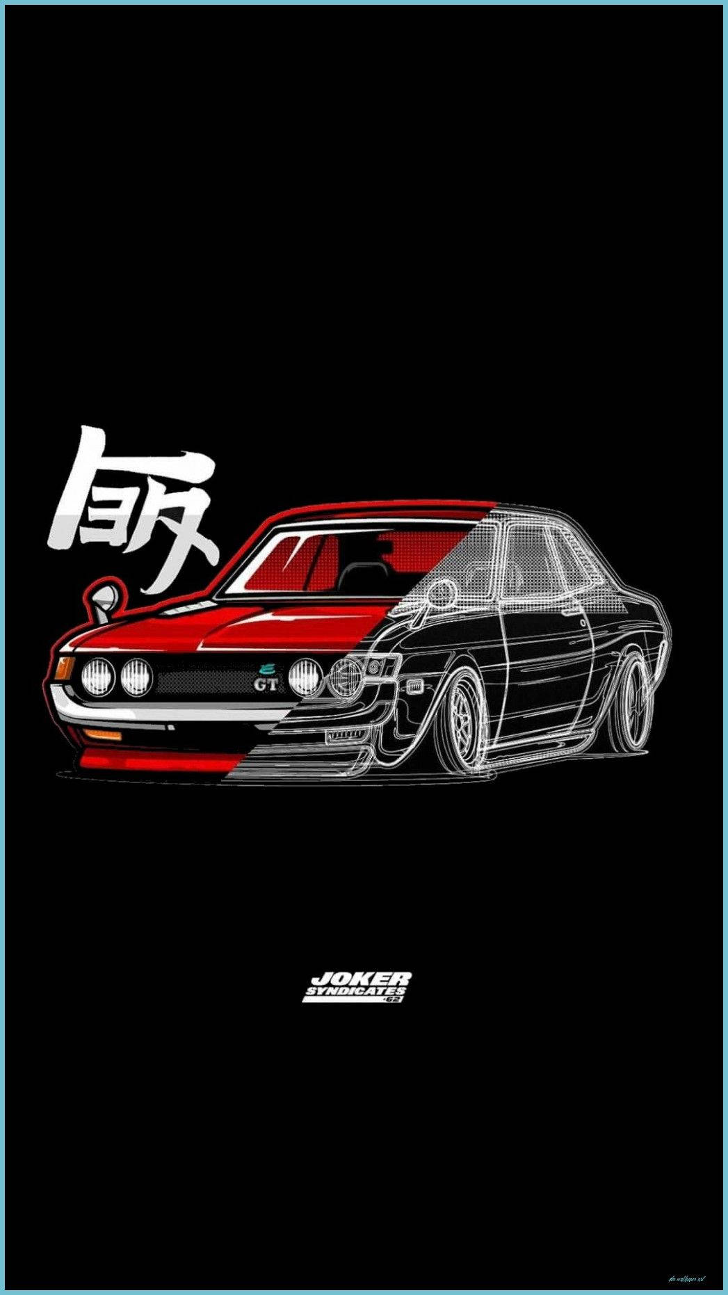 跑車 桌布 壁紙 — 一輛風格化的紅黑經典跑車，在深色背景上帶有日本漢字藝術。