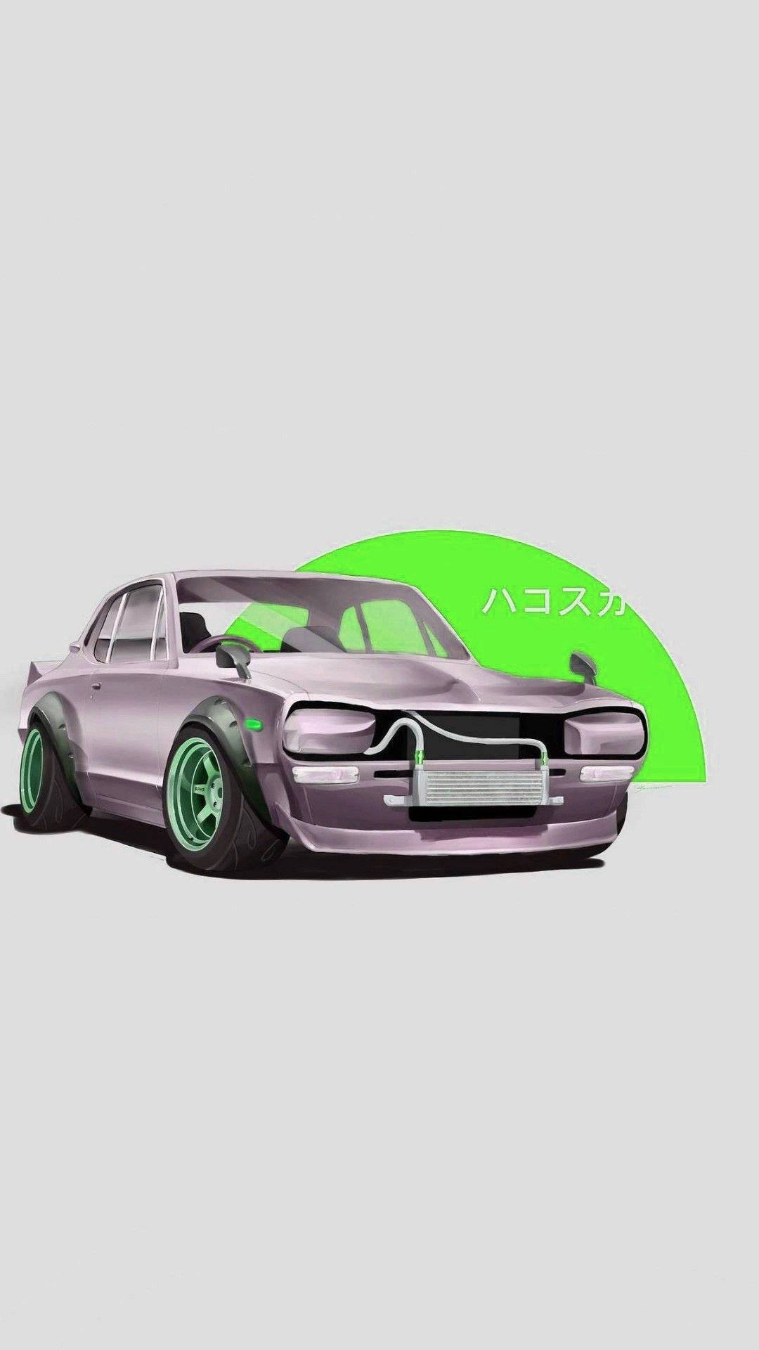 JDM汽車 桌布 壁紙 — 一輛風格化的紫色改裝車，帶有綠色車輪和點綴，矗立在明亮的綠色彎曲背景前。
