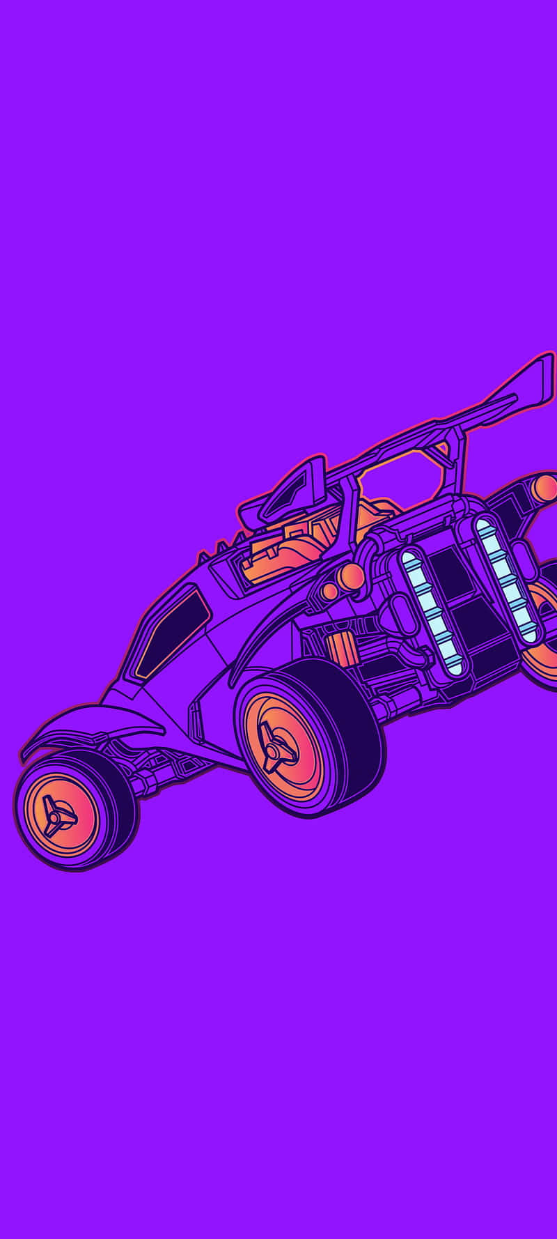Rocket League Car 桌布 壁紙 — 一輛風格化的紫色沙灘車，帶有發光的橙色輪子和藍色點綴，背景為純紫色。