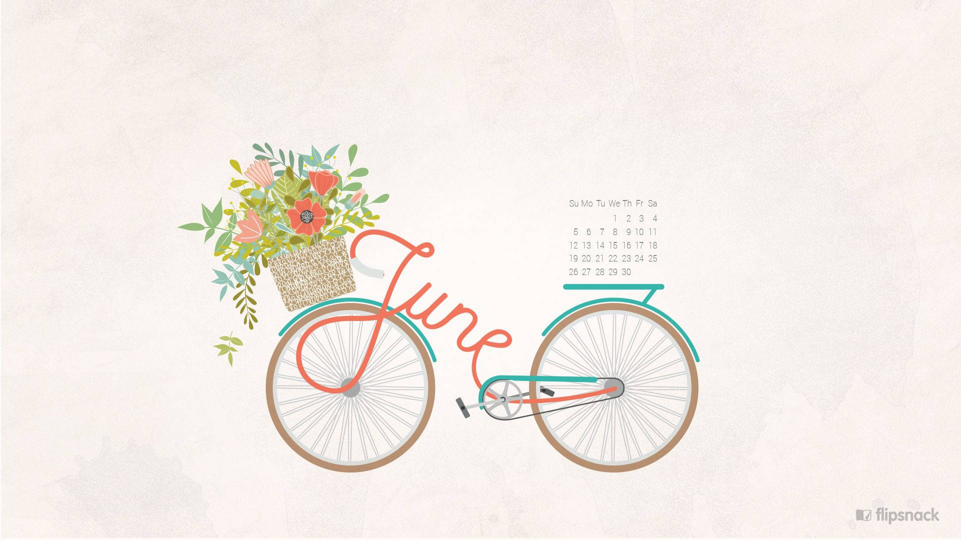 June 桌布 壁紙 — 一輛風格化的腳踏車，帶有花卉籃子，而「June」字樣流過車架，背景為有紋理的米白色。