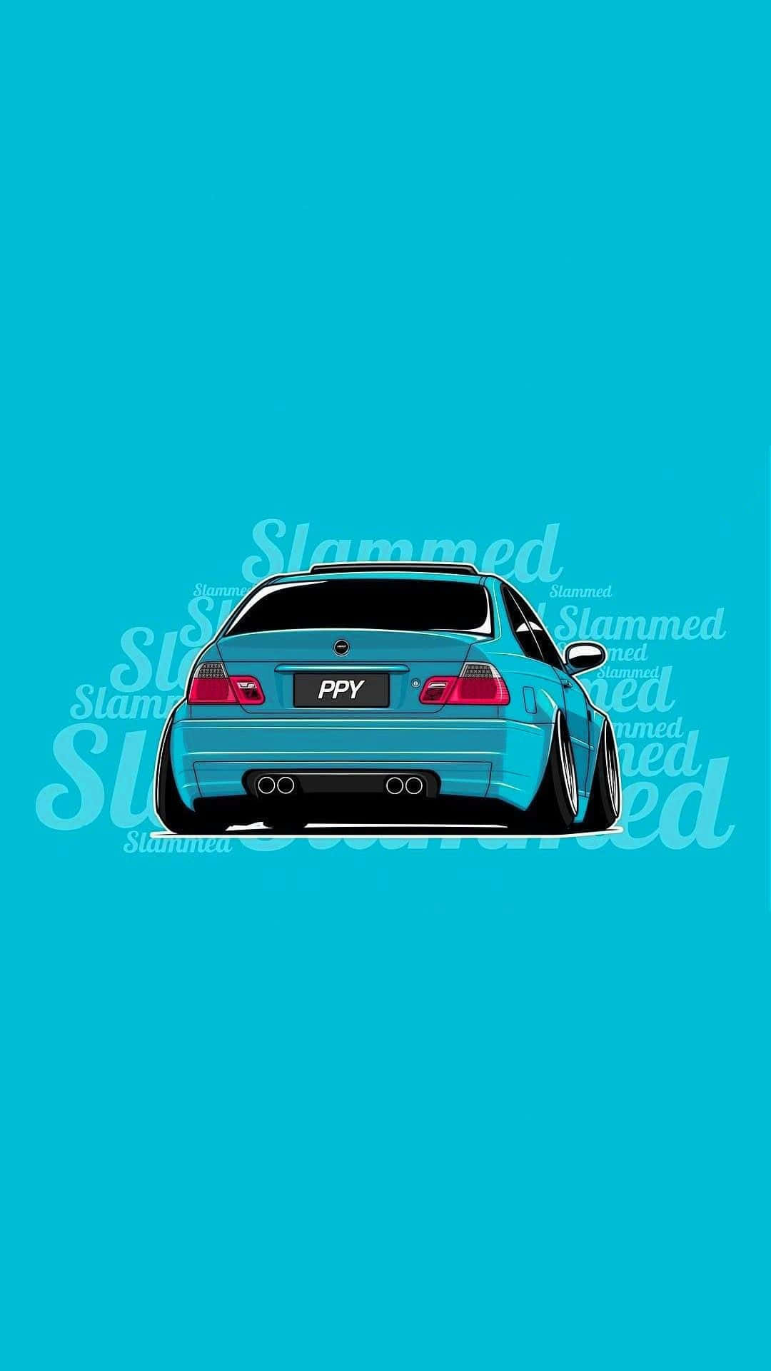 Jdm Art 桌布 壁紙 — 一輛風格化的藍色跑車，帶有紅色尾燈和 'PPY' 車牌，居中於純青色背景上，並覆有 'Slammed' 文字疊加。