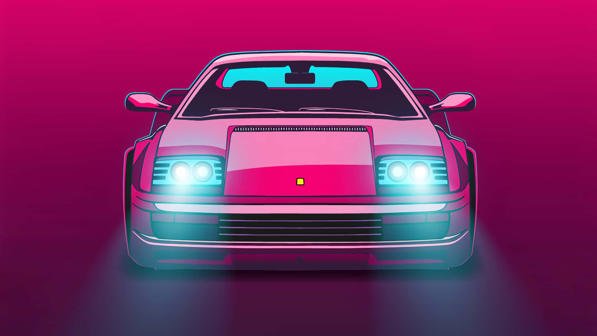 Minimalist Retro 桌布 壁紙 — 一輛風格化的跑車帶有發光車頭燈，正面朝向充滿活力的粉紅和紫色漸變背景。