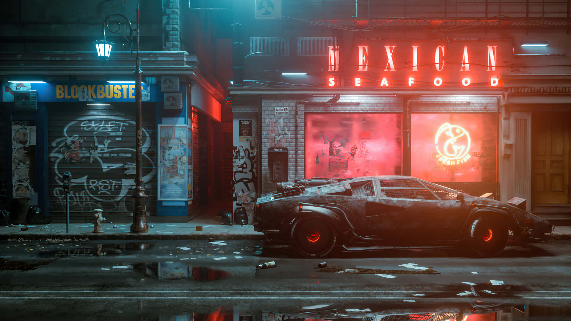 Cyberpunk Laptop 桌布 壁紙 — 一輛飽經風霜的跑車在雨夜的城市街道上，在霓虹燈招牌下閃耀，周圍有塗鴉和一間墨西哥海鮮餐廳。
