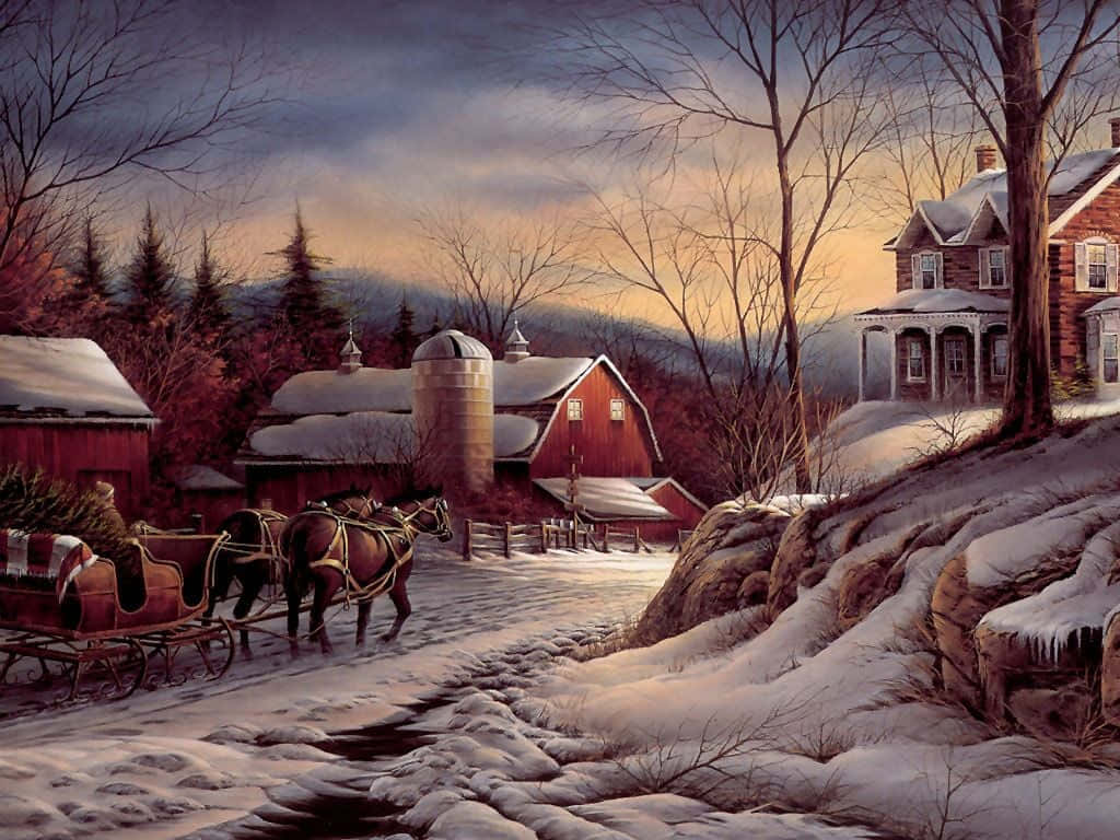 Winter Scene 桌布 壁紙 — 一輛馬拉雪橇在黃昏時分穿過白雪覆蓋的鄉村，沿途有紅色穀倉和光禿禿的樹木，天空陰沉。