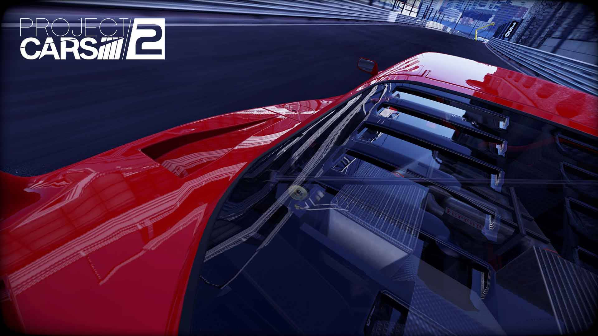紅色賽車在電子遊戲中的黑暗賽道上飛馳。 — Project Cars 壁紙