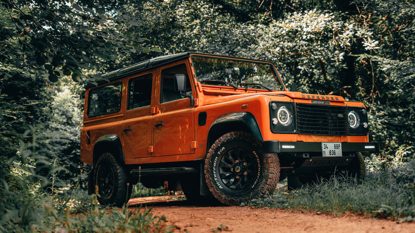 Land Rover Defender 桌布 壁紙 — 一輛鮮橙色的 Land Rover Defender 停放在泥土小徑上，周圍是茂密的綠色森林。