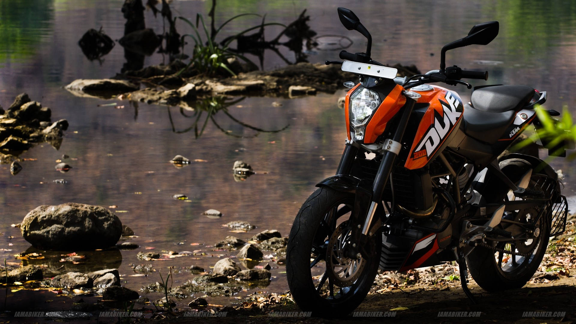 Duke 桌布 壁紙 — 一輛鮮橙色的KTM Duke摩托車停在一個平靜的池塘旁邊，池塘裡有石頭和綠植的倒影。