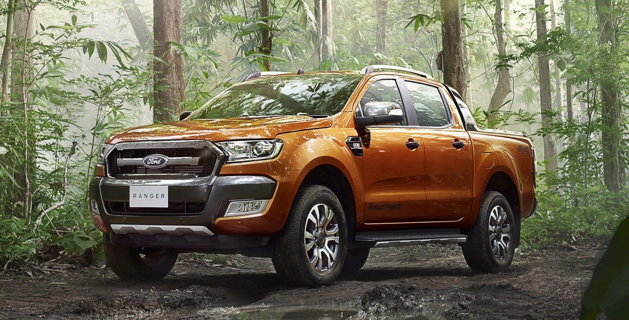 Ford Ranger 桌布 壁紙 — 一輛鮮橙色的福特 Ranger 皮卡車停在泥濘的林間小徑上，周圍是高聳的綠樹和薄霧。