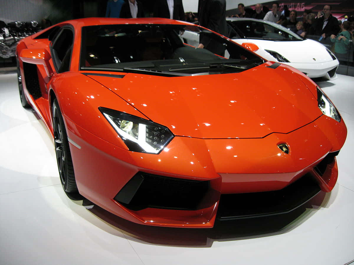 跑車 桌布 壁紙 — 一輛鮮橙色的藍寶堅尼Aventador在車展的明亮燈光下閃閃發光，背景有一輛白色的藍寶堅尼。