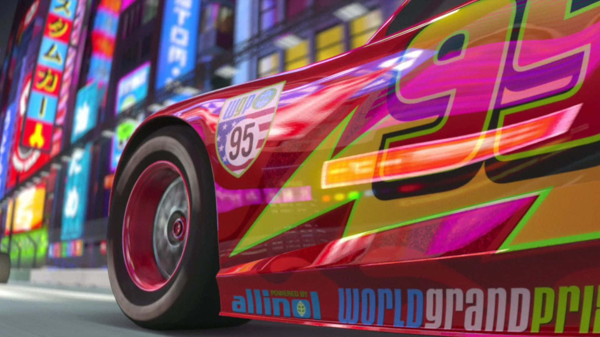 汽車 桌布 壁紙 — 一輛鮮紅色、編號95的賽車在夜晚霓虹燈閃爍的東京街道上飛馳。