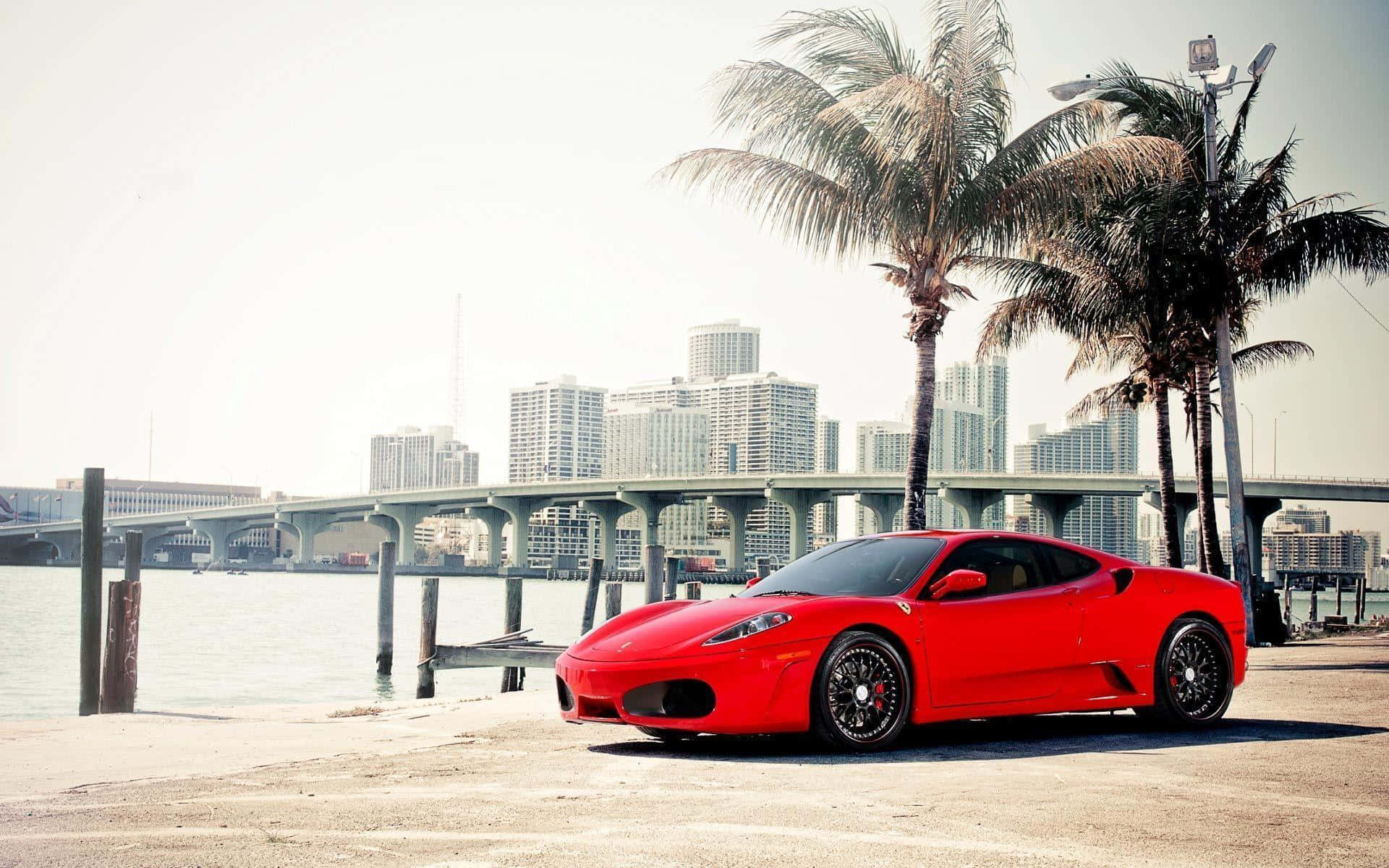 Ferrari F430 桌布 壁紙 — 一輛鮮紅色法拉利跑車停泊在海濱碼頭，背景有棕櫚樹和城市天際線。