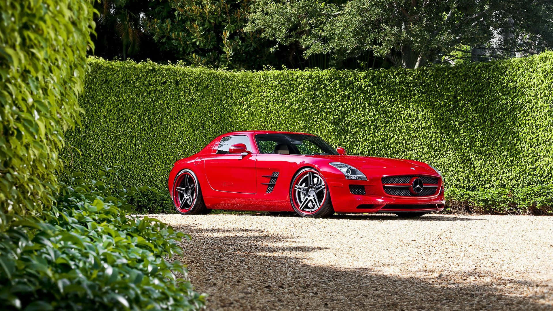 Amg 桌布 壁紙 — 一輛鮮紅色的 Mercedes SLS AMG 跑車在明亮的日光下停泊在碎石路上，旁邊是茂密的綠色籬笆。