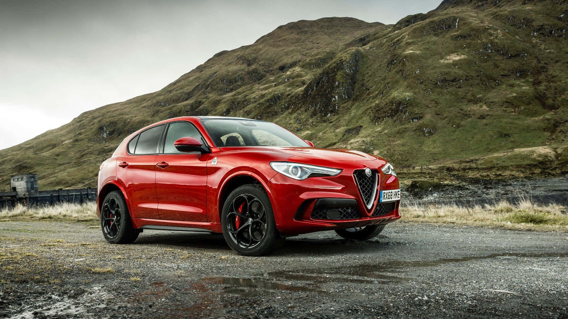 Alfa Romeo Stelvio 桌布 壁紙 — 一輛鮮紅色的Alfa Romeo Stelvio SUV在潮濕的碎石路上蓄勢待發，背景是陰天下一片崎嶇的綠色山丘。