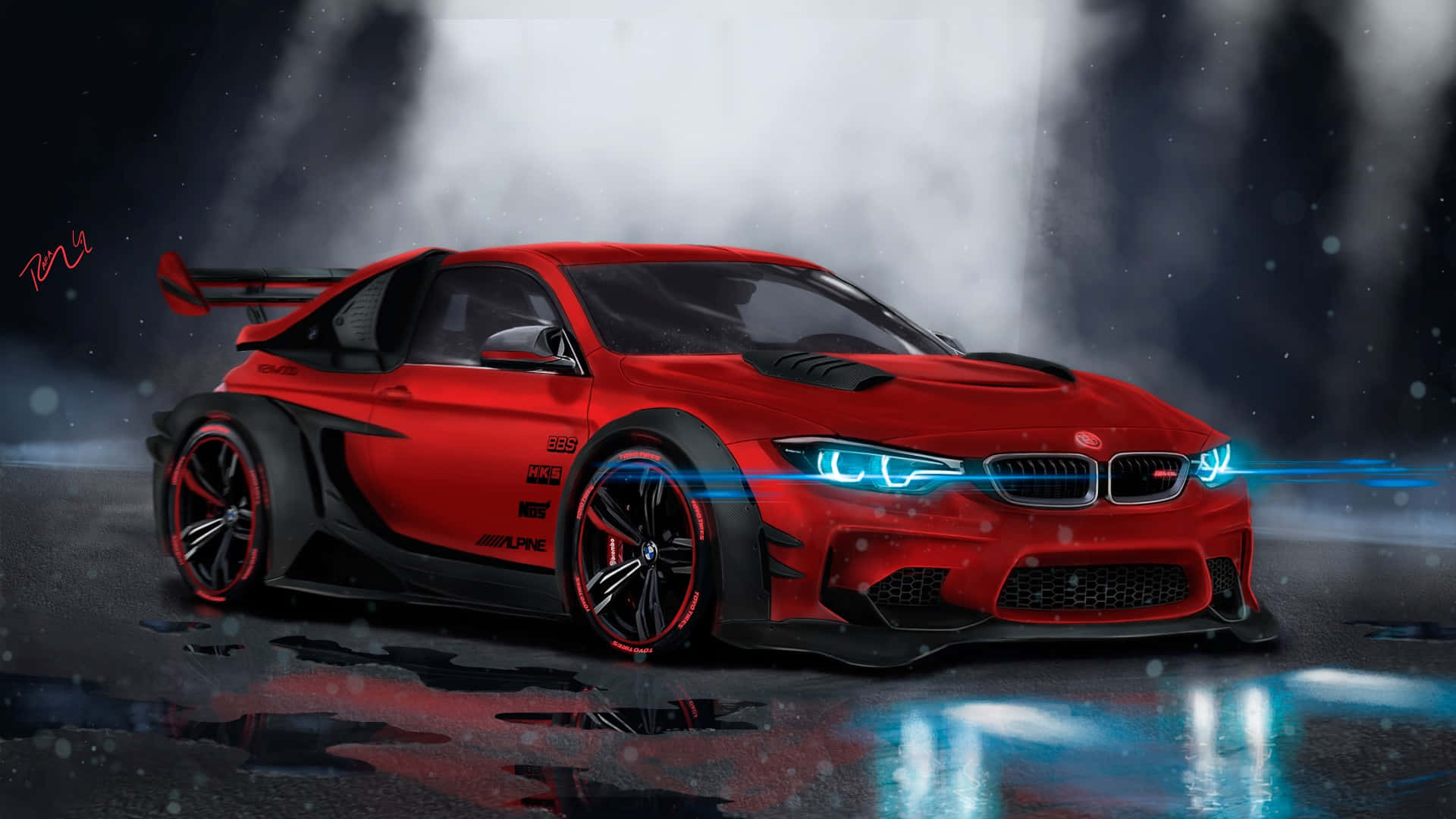 1920 X 1080 Car 桌布 壁紙 — 一輛鮮紅色的BMW M4 GTS賽車，閃爍著藍色頭燈，在雨夜街道上疾馳，霧氣在其激進的空氣動力學設計周圍旋轉。