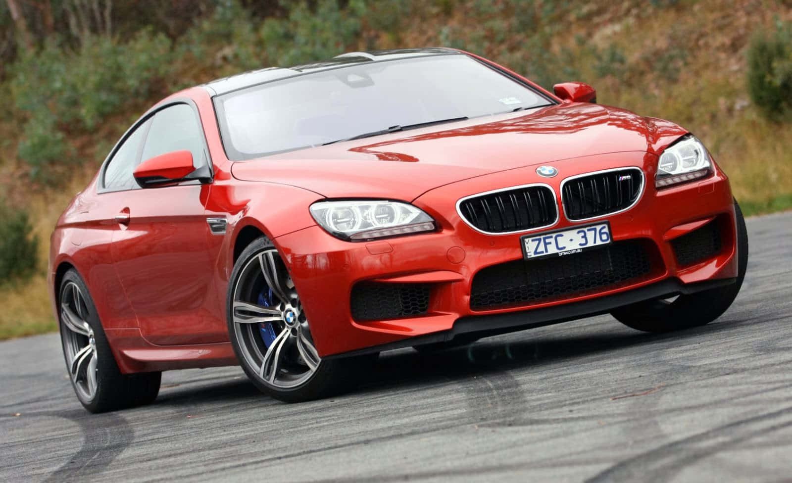 Bmw M6 桌布 壁紙 — 一輛鮮紅色的BMW M6轎跑車在蜿蜒的道路上閃耀，背景是模糊的綠色植物。