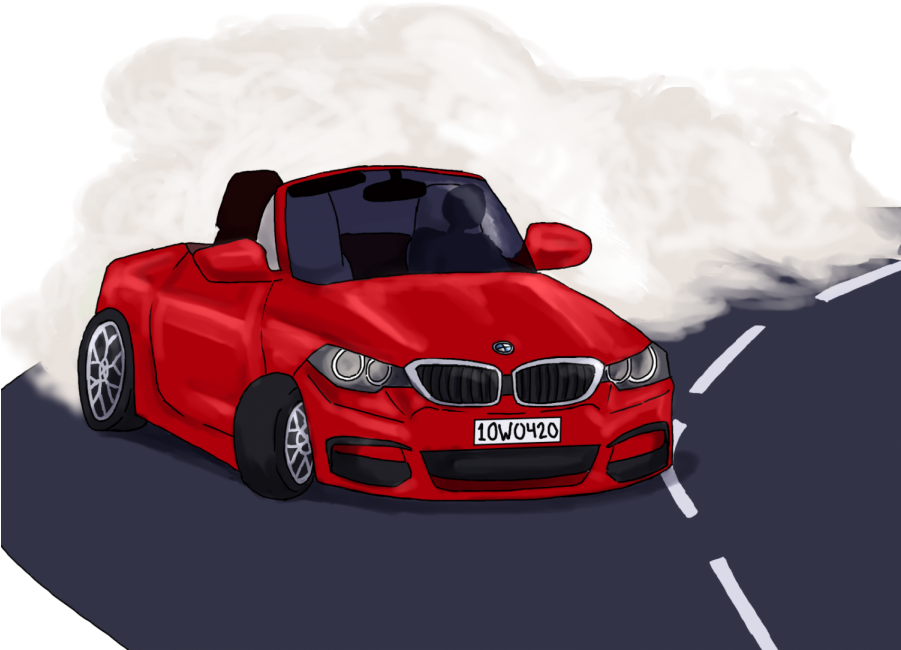 極速快感 回報 桌布 壁紙 — 一輛鮮紅色的BMW敞篷車在黑暗的道路上甩尾過彎，揚起白煙。