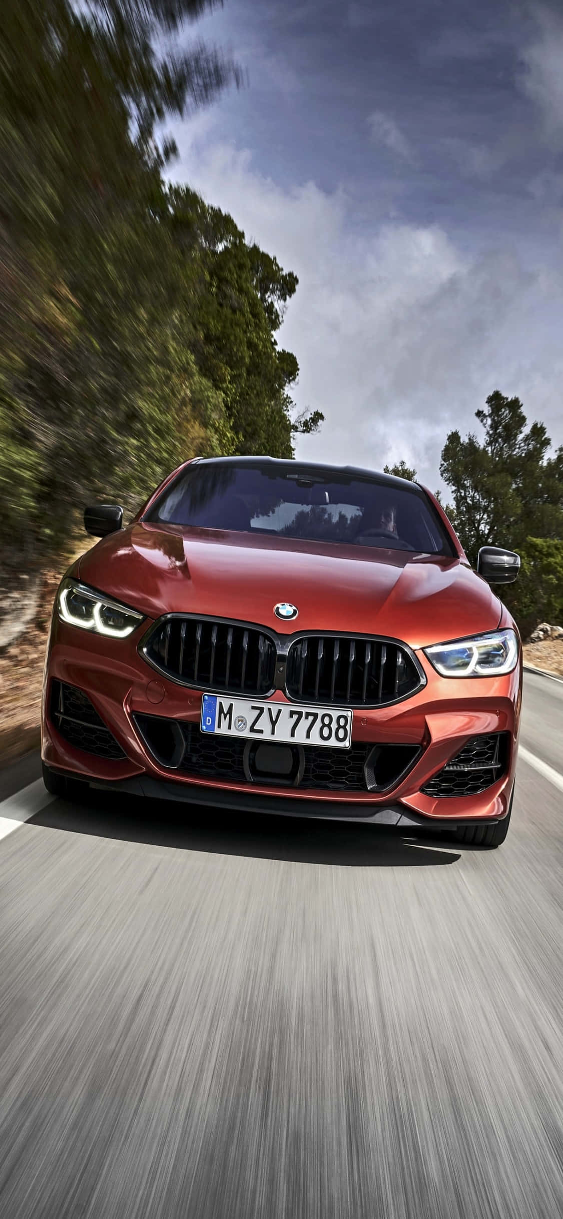 iPhone X Bmw 桌布 壁紙 — 一輛鮮紅色的BMW轎車在陰天之下，沿著蜿蜒的道路穿過茂密的綠樹飛馳。