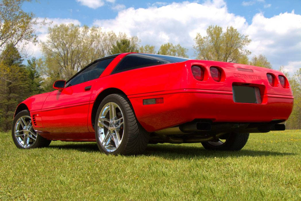 corvette 桌布 壁紙 — 一輛鮮紅色的Corvette跑車停放在茂盛的綠色草地上，上方是明亮的藍天和蓬鬆的白雲。