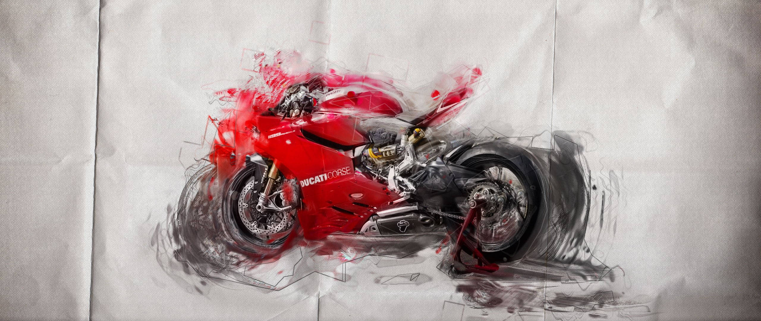 機車 桌布 壁紙 — 一輛鮮紅色的Ducati摩托車，以動態水彩潑濺效果呈現在有紋理的紙上。