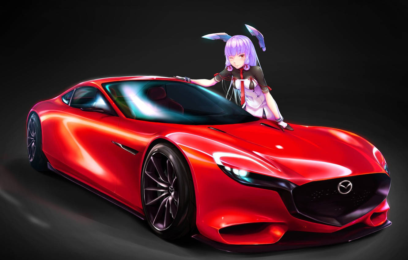 動漫車 桌布 壁紙 — 一輛鮮紅色的Mazda跑車在攝影棚燈光下閃閃發光，一位紫髮兔耳動漫女孩靠在引擎蓋上。