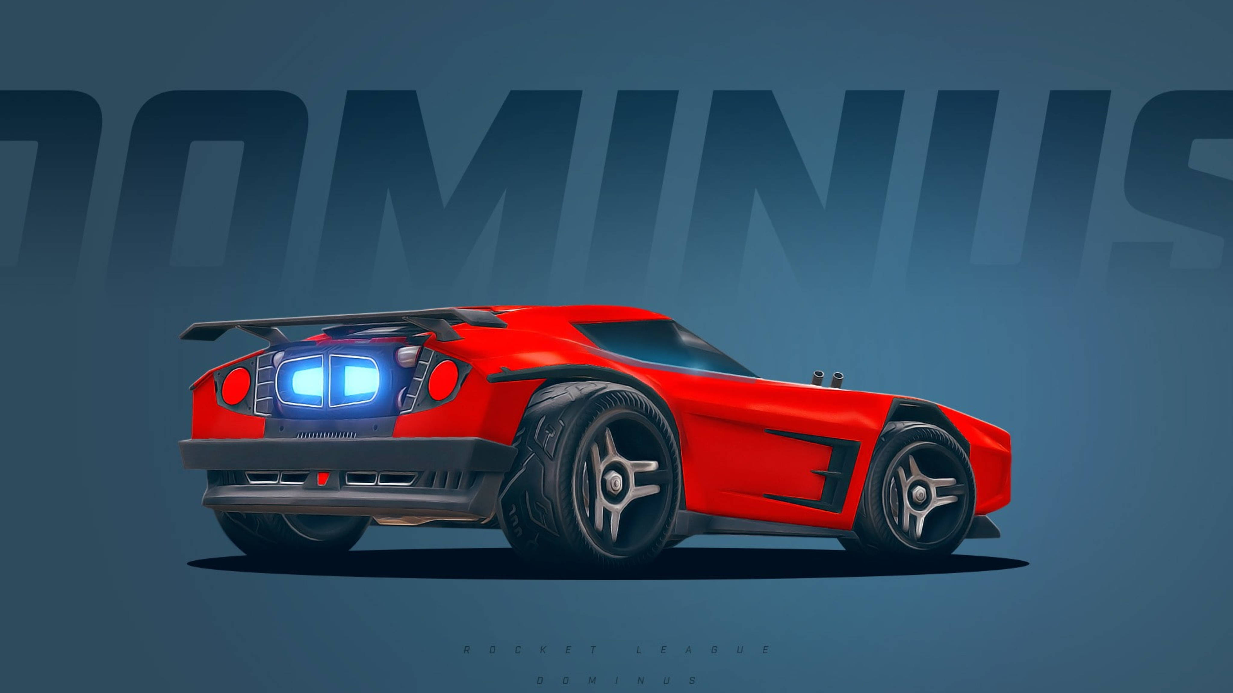 遊戲 桌布 壁紙 — 一輛鮮紅色的Rocket League Dominus賽車，帶有發光的藍色尾燈，在藍色漸變背景上以粗體文字呈現。
