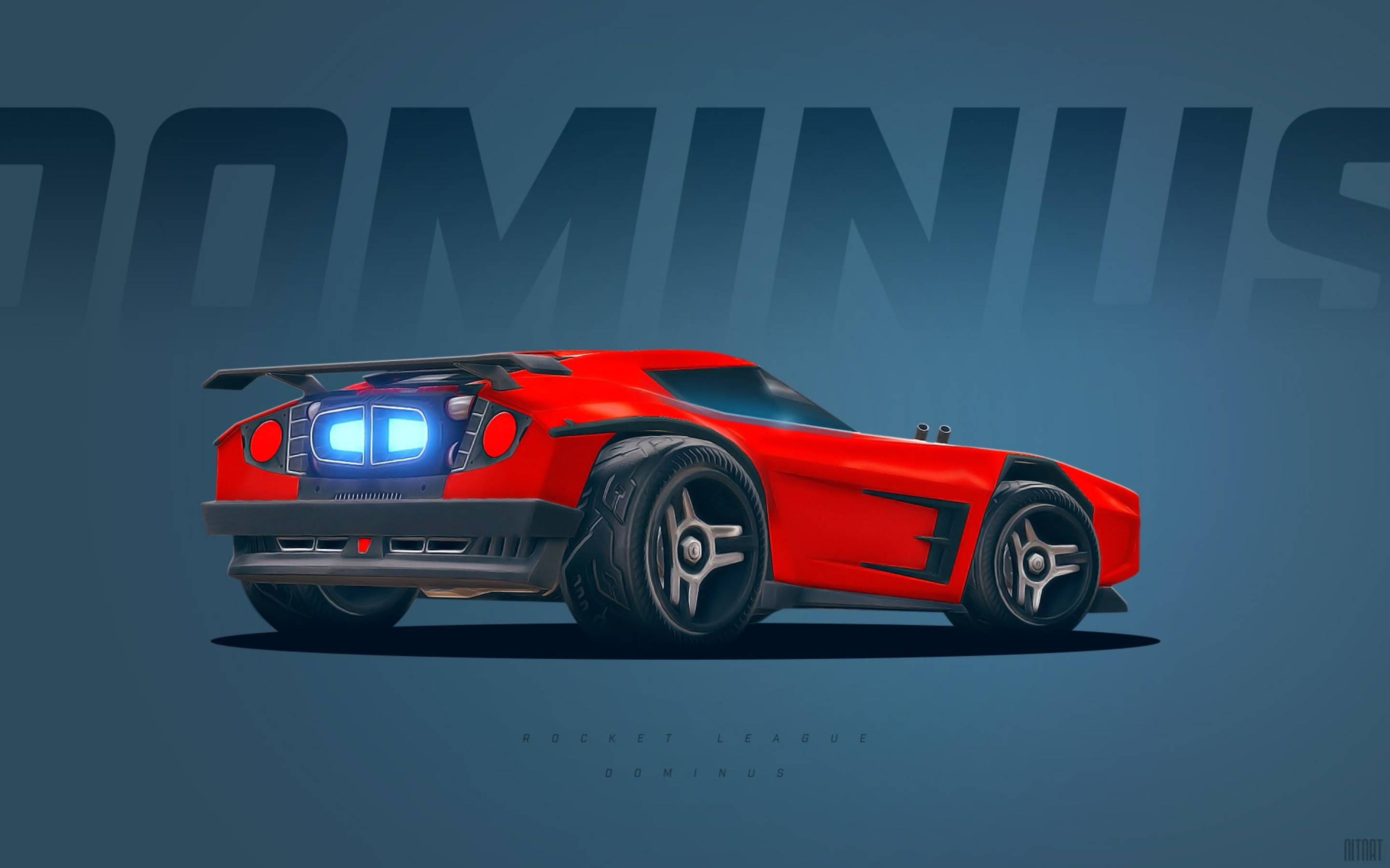 火箭聯盟 桌布 壁紙 — 一輛鮮紅色的Rocket League Dominus賽車，帶有發光的藍色尾燈，在深藍色漸變背景上脫穎而出。