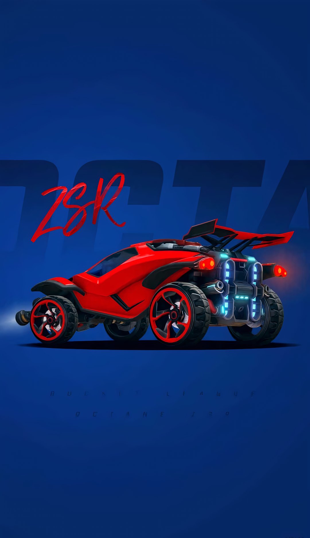 火箭聯盟 桌布 壁紙 — 一輛鮮紅色的Rocket League Octane ZSR賽車，帶有發光的藍色推進器和紅色點綴，矗立在深藍色漸變背景前。