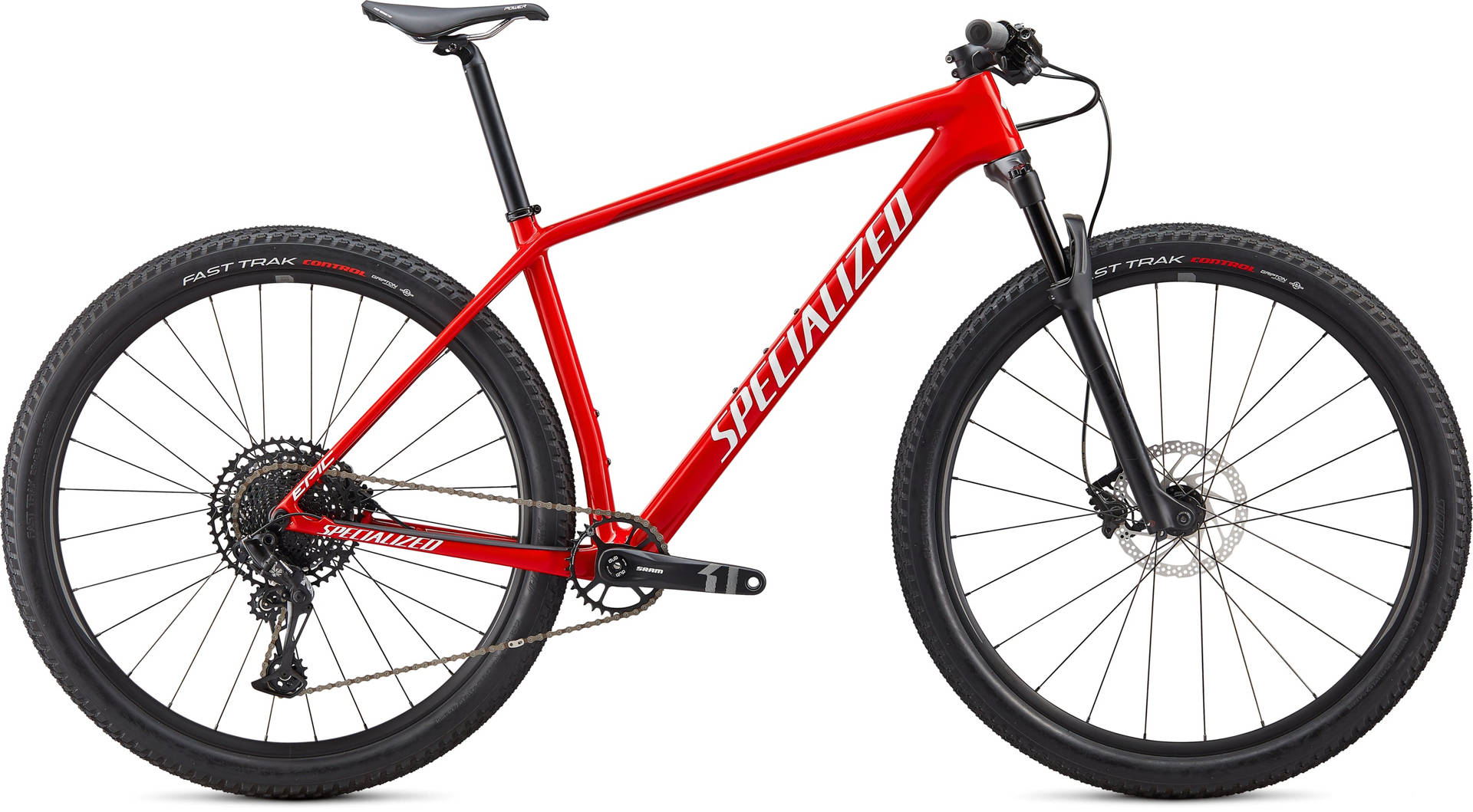 腳踏車 桌布 壁紙 — 一輛鮮紅色的Specialized登山自行車，配備黑色輪胎和流線型車架設計，在工作室燈光下展示。