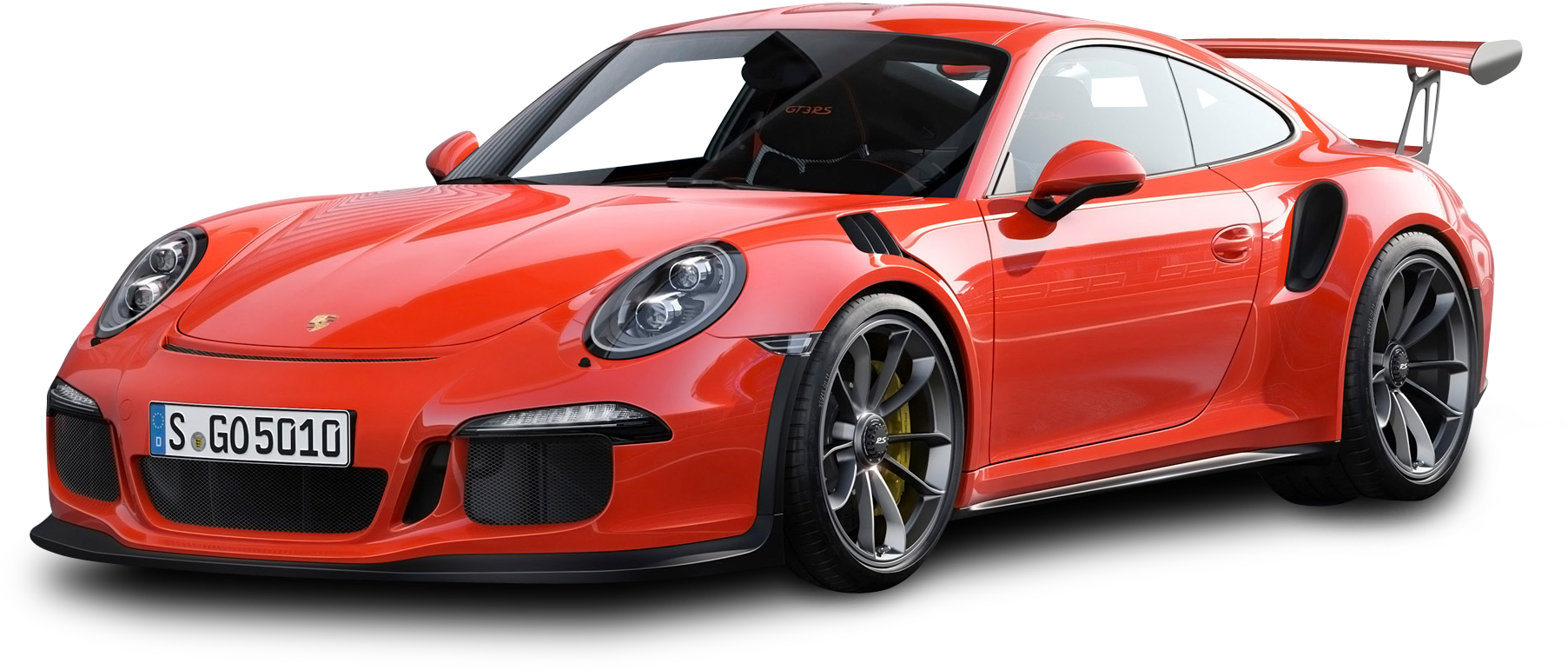 保時捷 桌布 壁紙 — 一輛鮮紅色的保時捷 911 GT2 RS 跑車，帶有黑色飾邊和黃色制動卡鉗，孤立地立在純黑色背景上。