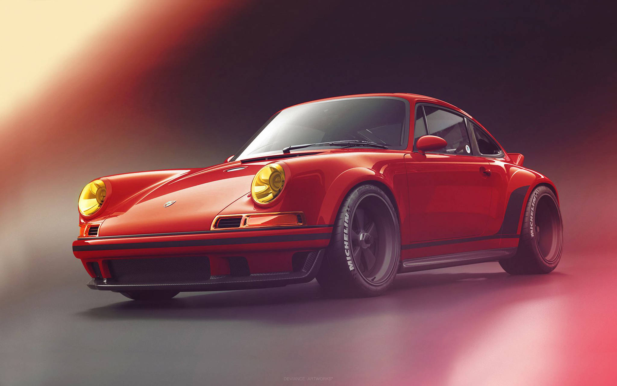 Singer 桌布 壁紙 — 一輛鮮紅色的保時捷911，配備寬體套件和發光頭燈，在溫暖的攝影棚燈光下戲劇性地矗立。