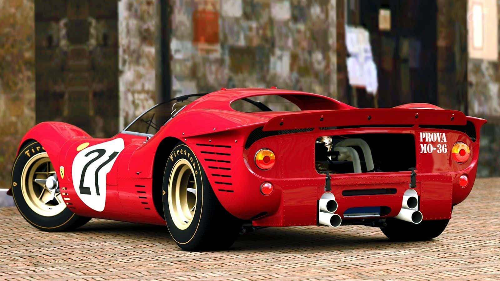 Ferrari 330 桌布 壁紙 — 一輛鮮紅色的復古法拉利賽車，編號21，停在鵝卵石街道上，背景是風化的石頭建築。