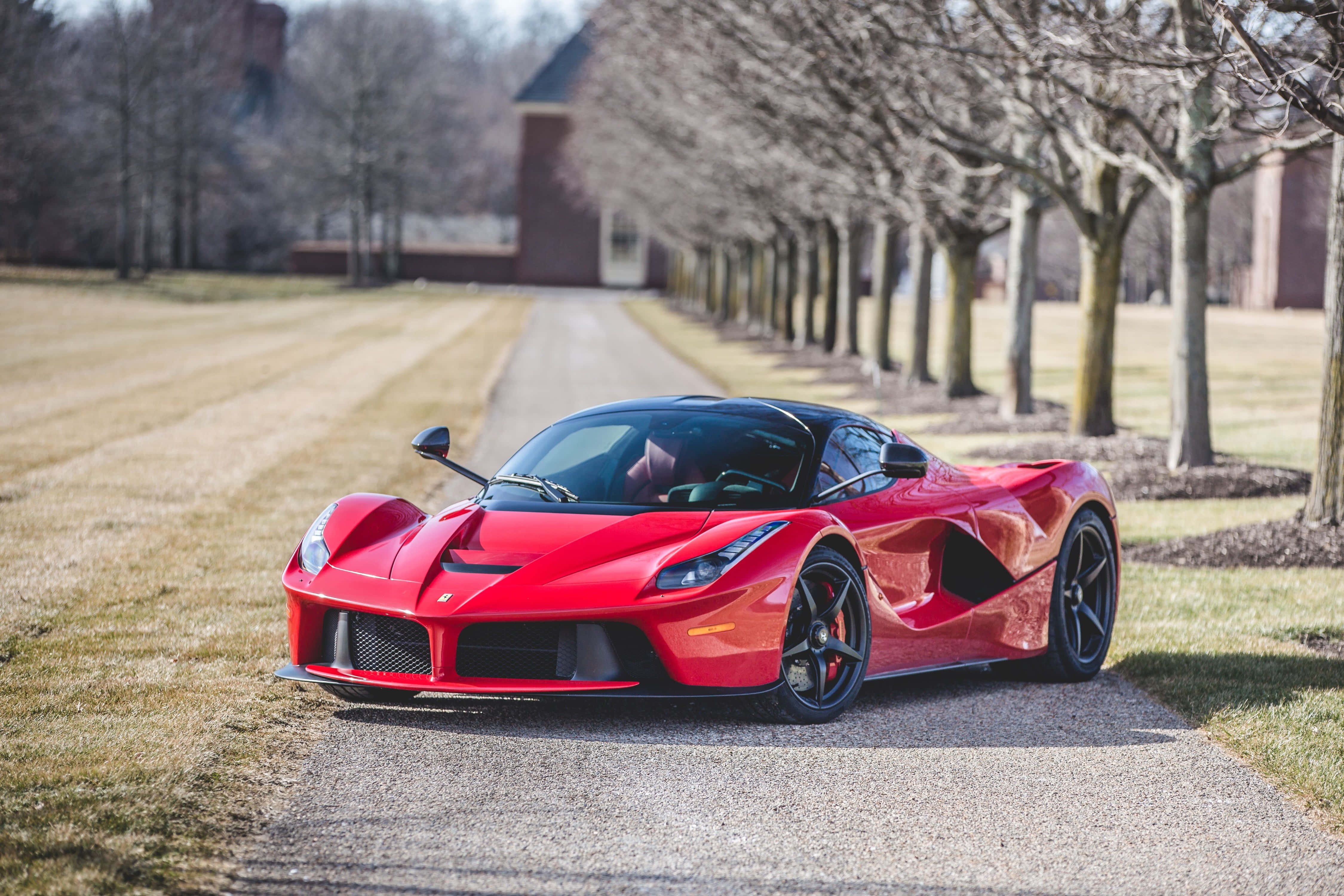 Ferrari Laferrari 桌布 壁紙 — 一輛鮮紅色的法拉利 LaFerrari 停放在鋪滿碎石的小徑上，兩旁是光禿禿的樹木，在明亮的日光下。