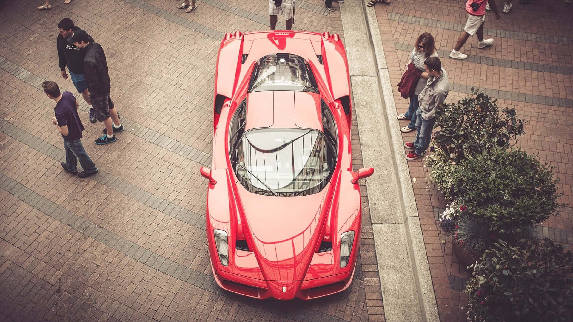 Ferrari Enzo 桌布 壁紙 — 一輛鮮紅色的法拉利 LaFerrari 停放在磚砌廣場上，從上方吸引了大批仰慕者。