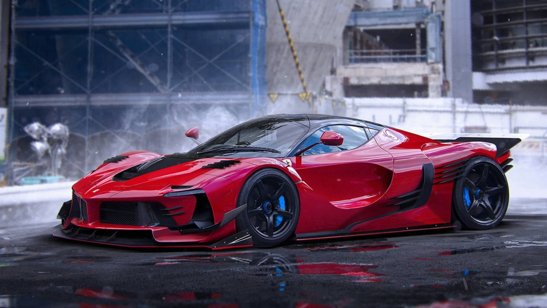 跑車 桌布 壁紙 — 一輛鮮紅色的法拉利 LaFerrari 在潮濕的路面上飄移，蒸氣升騰，雨水落在工業背景下。