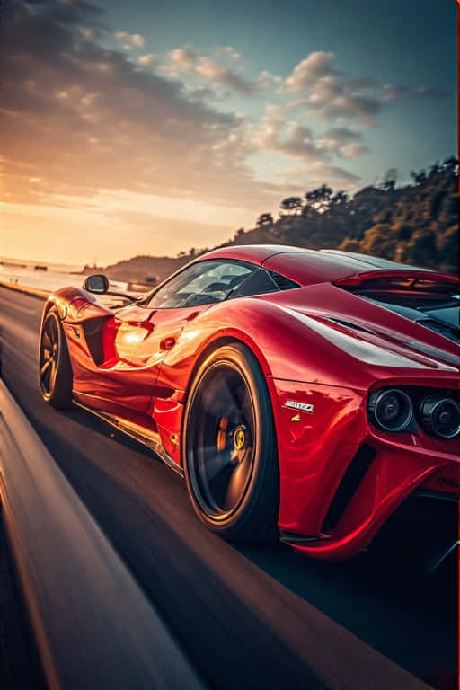 Vibrant Red Ferrari Supercar on Coastal Highway 4K Luxury 壁紙 — 一輛鮮紅色的法拉利 SF90 Stradale 在日落時分沿著海岸公路疾駛，金色的光線反射在其流線型的空氣動力學車身上。