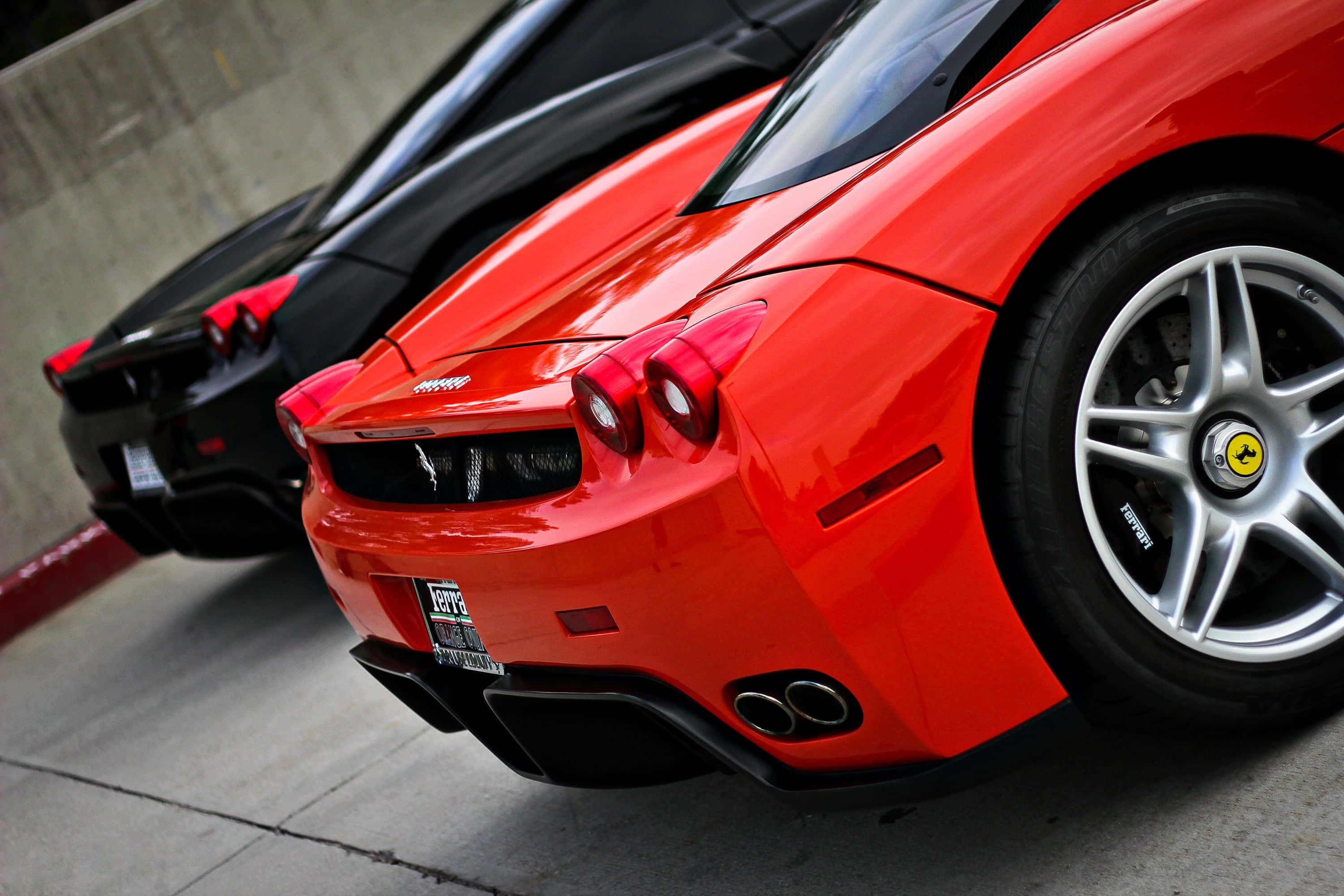 Ferrari Enzo 桌布 壁紙 — 一輛鮮紅色的法拉利跑車停放在混凝土車庫中，旁邊有一輛時尚的黑色法拉利。