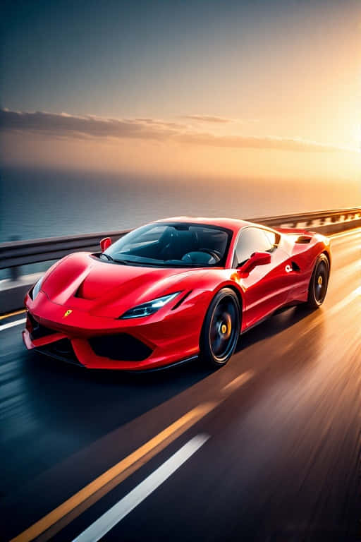 Vibrant Red Ferrari Supercar on Coastal Highway 4K Luxury 壁紙 — 一輛鮮紅色的法拉利跑車在日落時分沿著海岸高速公路奔馳，金色光線反射在其流線型車身上。