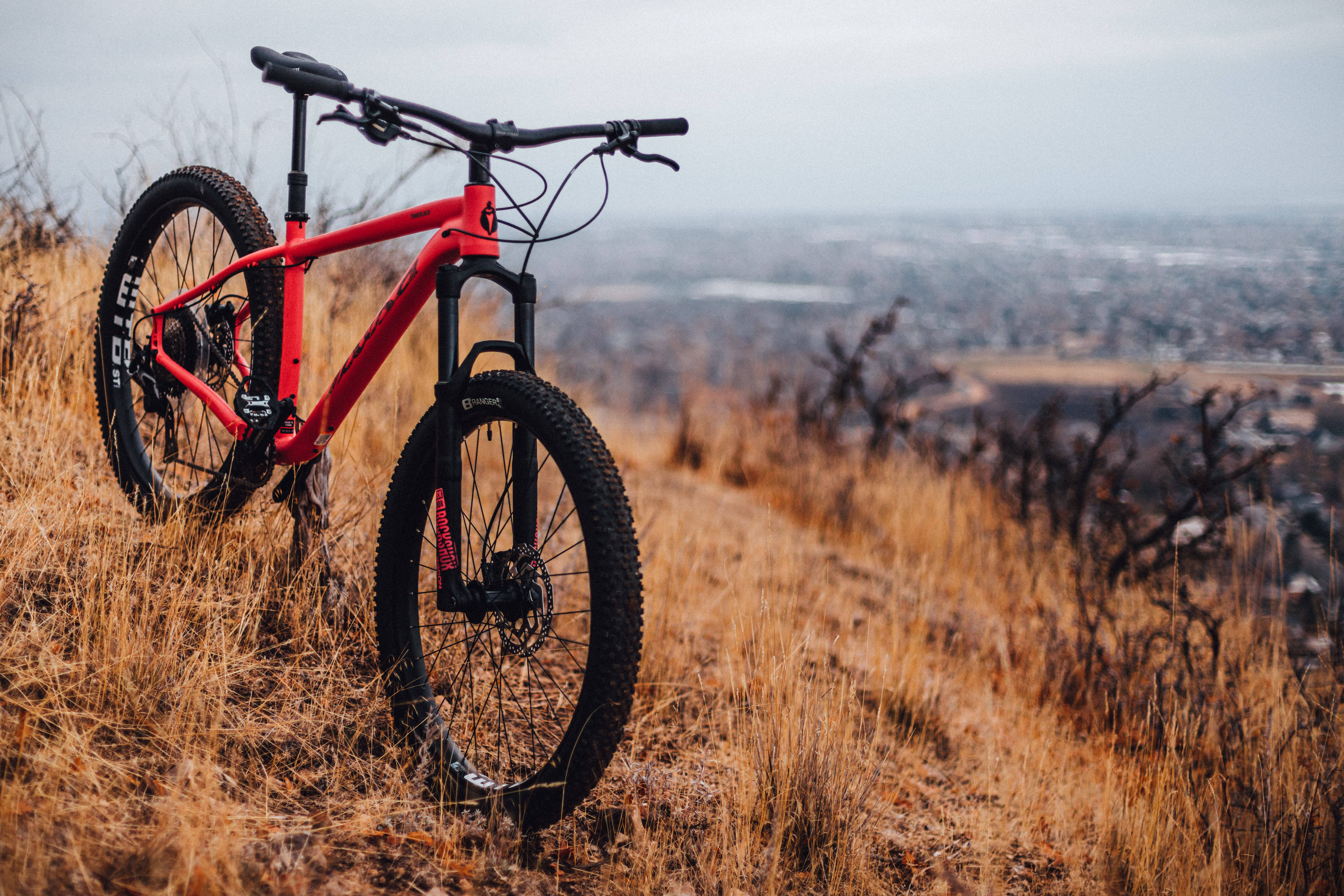 Mountain Bike 桌布 壁紙 — 一輛鮮紅色的登山自行車停放在乾燥的草坡上，俯瞰著陰天下一片廣闊的城市景觀。