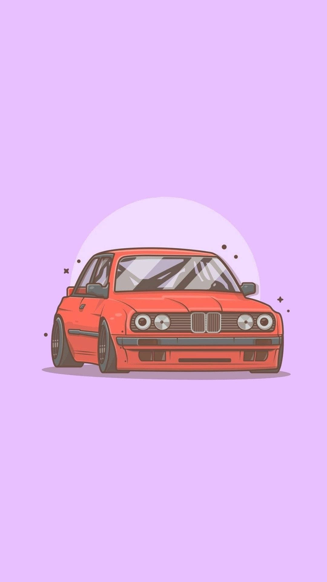 跑車 桌布 壁紙 — 一輛鮮紅色的經典BMW汽車，以極簡數位風格繪製，背景為柔和的薰衣草色，帶有白色圓形光暈。